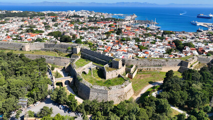 Aerial drone photo of popular for tourists Medieval fortified old town of Rhodes island featuring...