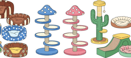 Set of colorful cat furniture and pet accessories, including mushroom and cactus themed scratching posts, multi-level towers, and cozy beds for playing and resting.