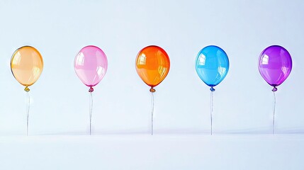 A row of five translucent, colorful balloons (orange, pink, orange, blue, purple) are suspended by thin strings against a plain, light blue background. The ball