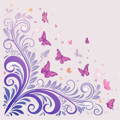 Fototapeta premium Elegant Vector Illustration Featuring Intricate Purple Botanical Scrollwork with Scattered Flying Butterflies