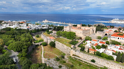 Obraz premium Aerial drone photo of iconic Palace of the Grand Master in old fortified town of Rhodes island an Unesco World Heritage site, Dodecanese, Greece