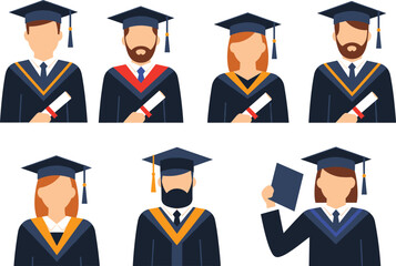 Set of diverse male and female graduates in gowns and caps holding diplomas, symbolizing university success, higher education achievement, academic ceremony, and earned degrees.