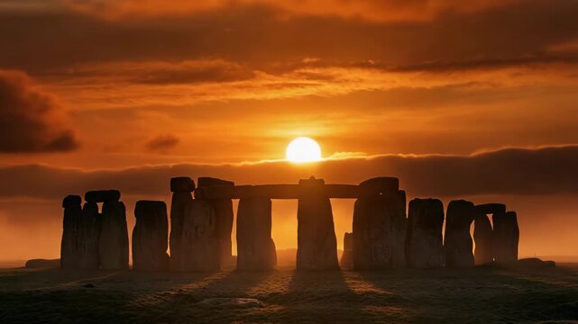 Stonehenge silhouetted by a vibrant sunset creating a majestic, mystical atmosphere,Ancient stones catch the light as day turns to night at Stonehenge, England