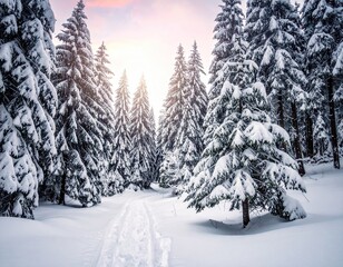 Snowy Path Through Winter Forest at Sunrise