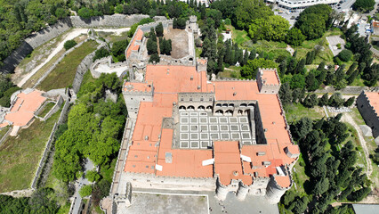 Fototapeta premium Aerial drone photo of iconic Palace of the Grand Master in old fortified town of Rhodes island an Unesco World Heritage site, Dodecanese, Greece