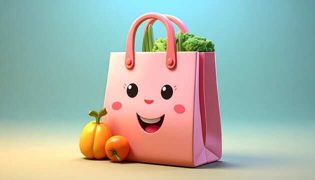 A cartoon pink shopping bag with a happy face, filled with green vegetables. A pumpkin and an orange rest nearby