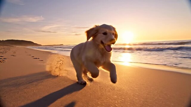 Golden puppy joyfully sprints on a sandy beach during a bright, sunny sunset with ocean waves