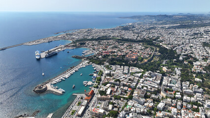 Fototapeta premium Aerial drone photo of popular for tourists Medieval fortified old town of Rhodes island featuring nice restaurants and ancient sites an Unesco World Heritage, Dodecanese, Greece