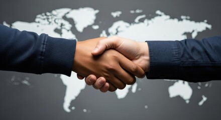 A close-up of a firm multicultural handshake between two diverse business partners, symbolizing a successful global deal, international cooperation, and worldwide agreement