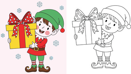 Cute cartoon Christmas elf holding a large gift box, vector illustration with colored version and black and white outline for coloring book page