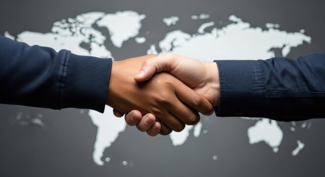 A close-up of a firm multicultural handshake between two diverse business partners, symbolizing a successful global deal, international cooperation, and worldwide agreement