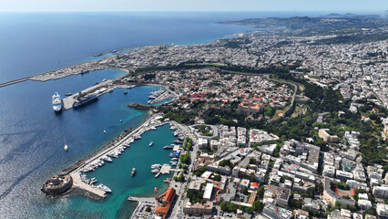 Fototapeta premium Aerial drone photo of popular for tourists Medieval fortified old town of Rhodes island featuring nice restaurants and ancient sites an Unesco World Heritage, Dodecanese, Greece