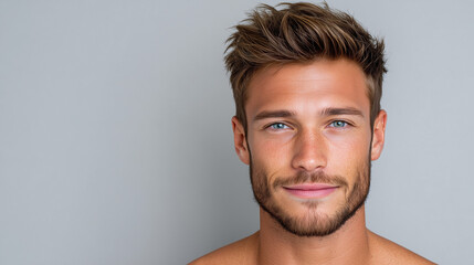 Naklejka premium Clinical Modern Portrait of a Man with Subtle Cheeky Smile