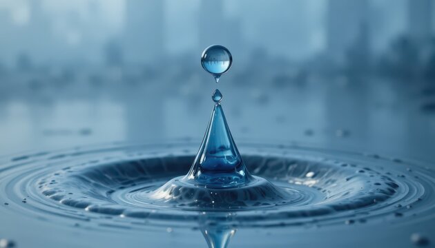 Captivating close up of a water drop collision creating ripples and formations against urban