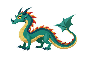 Fototapeta premium A fierce green dragon with yellow eyes and orange spikes stands majestically isolated on white background 