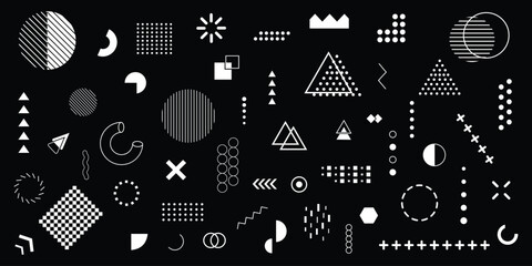 abstract geometric shapes vector set, geometric shapes design, modern abstract background featuring white geometric shapes, Memphis-style patterns, lines, dots, and minimal elements on a solid black