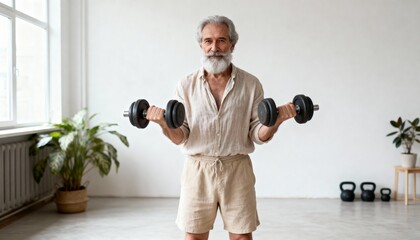 Fit senior man with a grey beard exercising with dumbbells at home. Active older male doing a strength training workout for a healthy lifestyle