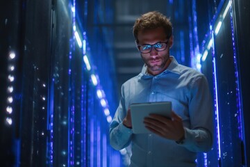 IT Specialist with Tablet in Server Room Data Center