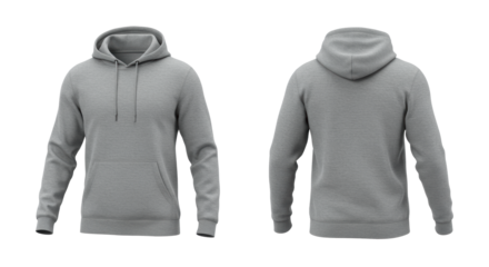 photorealistic men's blank heather grey cotton hoodie mockup showing front and back views side-by-side, ghost mannequin on white background with soft shadow. Concept for apparel template design