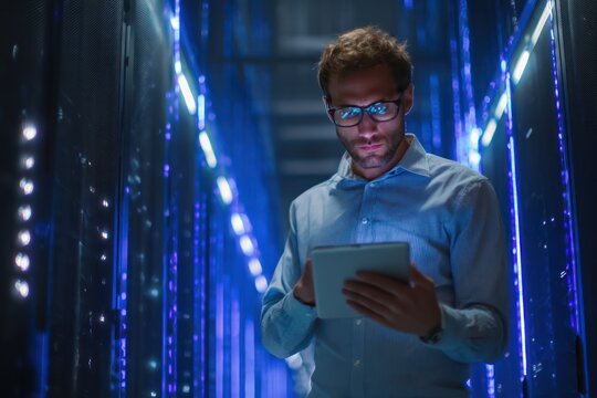 IT Specialist with Tablet in Server Room Data Center