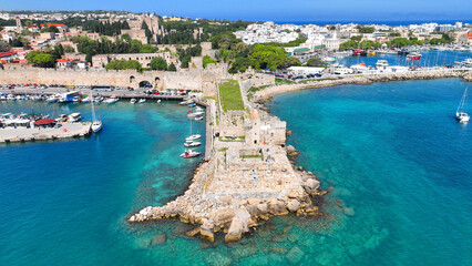 Aerial drone photo of iconic De Naillac landmark  Tower in old town of Rhodes island, Dodecanese, Greece