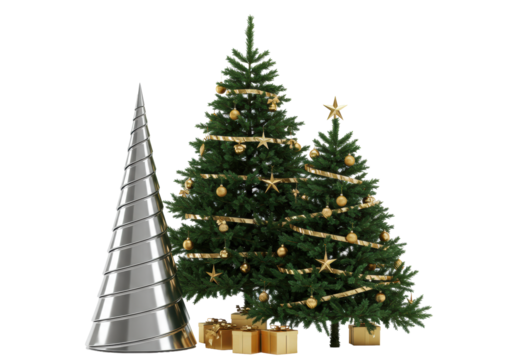 three diverse christmas trees (silver spiral, green firs) decorated with luxurious golden ornaments on a transparent studio background with soft shadows and copy space. high-end holiday - Powered by Adobe