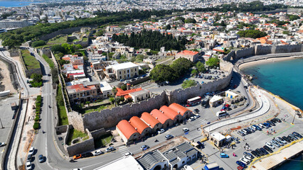 Aerial drone panoramic photo of iconic old town of Rhodes island an Unesco World Heritage site, Dodecanese, Greece
