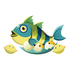 Fototapeta premium Cute cartoon fish family with babies swimming together isolated on white background 