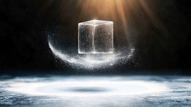 A transparent glass cube hovers in the air, surrounded by a swirling cloud of white dust particles. Dramatic light rays emanate from above, illuminating the sce