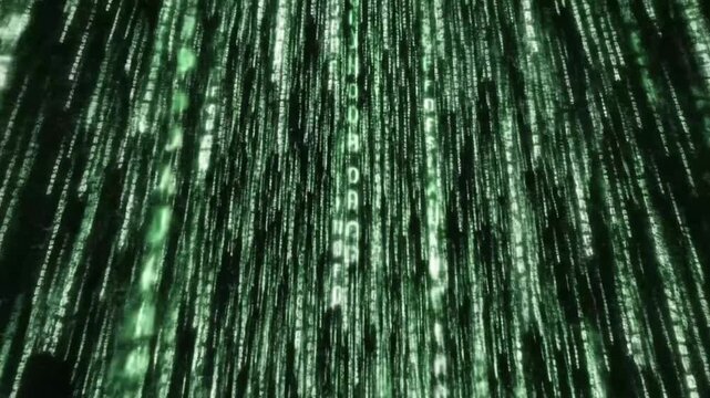 Digital rain with glowing green letters and symbols falling down on a black background scene