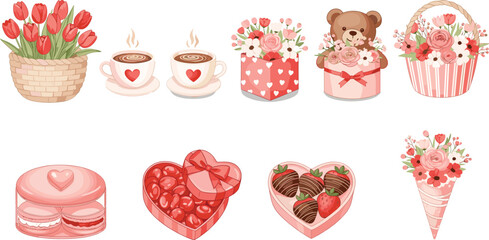 Set of romantic Valentine's Day elements including heart-shaped chocolates, flowers, teddy bear, and coffee cups, symbolizing love, dating, gift, and holiday celebration