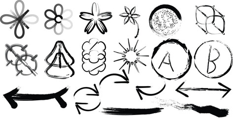 Hand Drawn Grunge Brush Stroke Design Elements Vector Set Including Frames, Arrows, Flowers, and Abstract Shapes