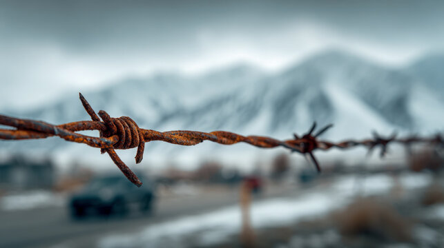 Rusted barbed wire in sharp focus with snow-covered mountains and a blurred vehicle in the background capturing a cold and rugged outdoor scene