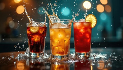 Three glasses with cold alcoholic drinks and ice cubes splash liquid. Variety of cocktails like rum whiskey margarita served with lime slice. Refreshing beverages at bar.