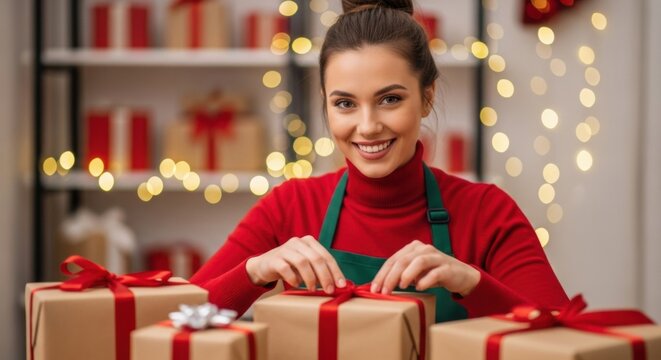 Cheerful young woman in a festive workshop looks at the camera while tying a beautiful red ribbon on a present wrapped in brown paper for the holiday season