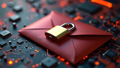 Secured red envelope lies on tech circuit board with gold padlock. Represents data encryption security, privacy. Cyber safety, information protection in modern online technologies concept present.