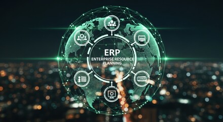Enterprise Resource Planning ERP concept on a virtual screen with a glowing green digital globe and business process automation icons floating over a nighttime cityscape