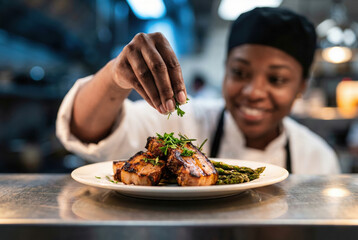Smiling professional female chef garnishing a plate of grilled meat and asparagus with fresh herbs in a commercial restaurant kitchen