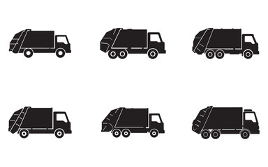Garbage truck icons set black silhouette urban sanitation vehicle collection