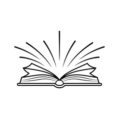 Black and white line art icon of an open book radiating light, isolated on