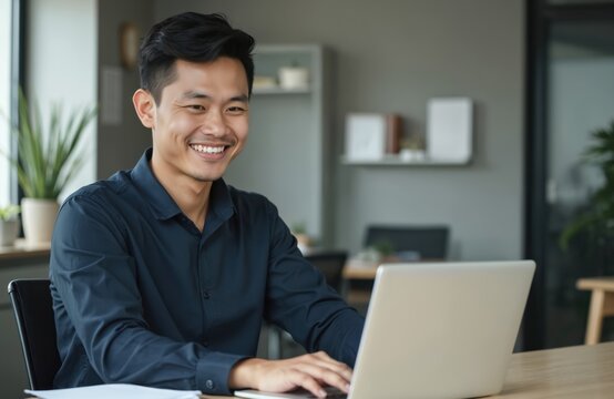 Smiling young asian man works on laptop in modern office. He sits at wooden desk with papers, typing on keyboard. Casual blue shirt, successful career, happy employee, business setting.