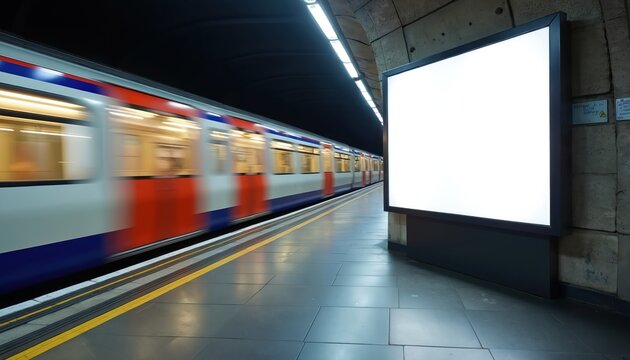 Fast train departs station. Blank billboard on platform. Subway transport moves with motion blur. Modern urban interior with empty advertising space. Transit concept. Commuters use public
