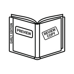 Black and white line art icon of an open book marked with preview and review copy labels, isolated on