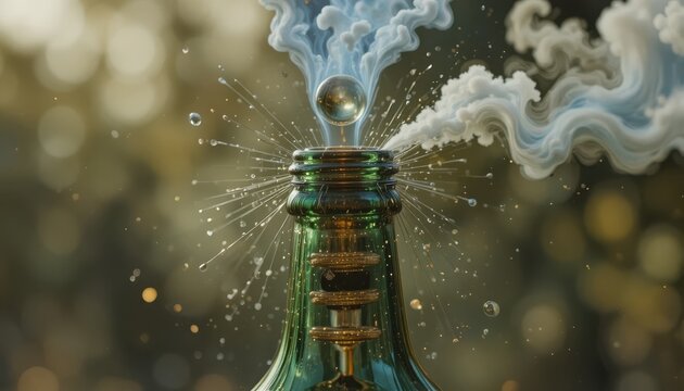 Mystical potion bottle with vaporous steam and water droplets artistic rendering