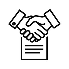 Line icon representing a business agreement or partnership with a handshake over a document, isolated on