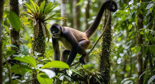 A primate with long limbs and prehensile tail hangs in a vibrant rainforest setting surrounded by verdant foliage