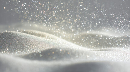 Shimmering sparkling particles gently falling over soft glittering waves creating a dreamy and ethereal abstract background with bright bokeh lights