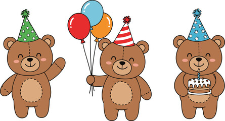 Birthday teddy bears, party hats, balloons, cake, celebration scene, cartoon animals, festive mood, smiling characters, flat vector illustration