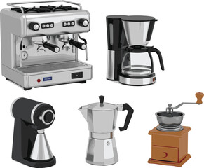 Set of realistic coffee making equipment including espresso machine, filter drip maker, moka pot, and manual grinder, symbolizing home or commercial brewing process.