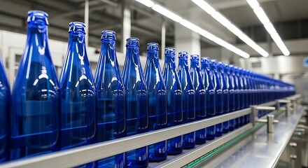A production line showcases many blue glass bottles on a conveyor belt within a factory setting, lit by overhead lights